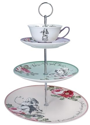 Mikasa and the V&A 3-Tier Cake Stand, Afternoon Tea Stand with Teacup, Alice in Wonderland Teaware, Bone China, Dishwasher Safe & Gift Boxed