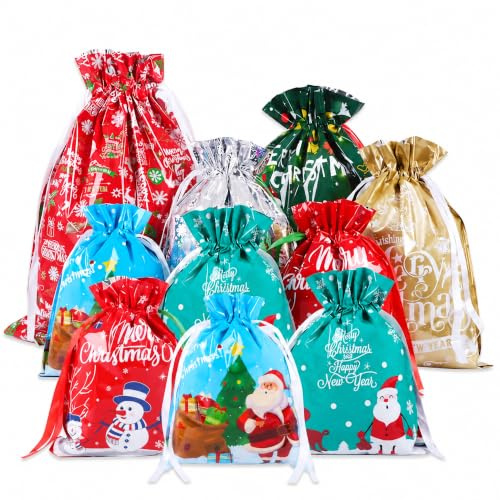 SUOXU Weihnachtstüten, 10 Stück, Weihnachts-Geschenktüten mit Kordelzug, wiederverwendbar,5 Größen,groß,mittelgroß, Weihnachtsverpackungstüten mit Anhängern,Weihnachtsgeschenktüten für Weihnachtsfeier