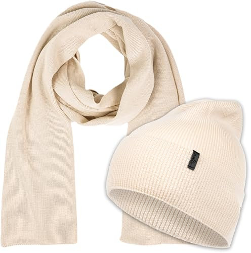 molti Damen Mütze & Schal Set – 100% Merinowolle, OEKO-TEX® Standard 100 | Beanie & Strickschal, Wärmend, Atmungsaktiv & Hypoallergen | Größen: Mütze 55–60 cm, Schal 204x24 cm Farbauswahl (Beige)