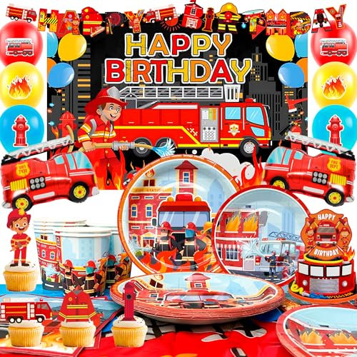 Décoration Anniversaire Pompier,Décoration Camion de Pompier Garçon & Vaisselle Pompier Anniversaire inclure Assiette Camion Pompier Ballon Bannière Toile de Fond etc Decoration Pompier(16 invités)