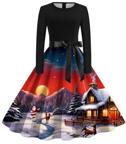 Gothic Kleid Damen, Weihnachten Kleid Damen Festlich Langarm Partykleid Weihnachtskleider Rot Grün Abendkleid Lustig Große Größen Christmas Dress Cocktaikleid Swing Weihnachtskleid