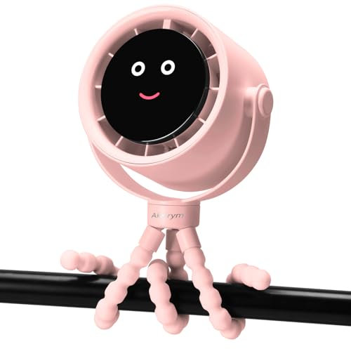 Akejrym Stroller Fan Portable, Personal Fan for Travel, Air Turbo Tech & Digital display, Detachable 5 Speeds Rechargeable 360° Rotate Flexible Tripod Fan, For Home Office Stroller Camping - Pink