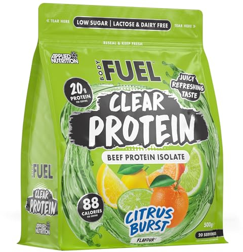 BodyFuel Clear Protein - Beef Protein Isolate - Clear & Refreshing - Best Low Sugar & Lactose-Free Protein Supplement - Muscle Support (500g - 20 Servings) (Citrus Burst)