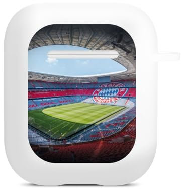 Hülle mit Karabiner kompatibel mit Apple AirPods (2. Generation) Case weiß Schutzhülle mit Schlüsselanhänger FC Bayern München FCB Stadion
