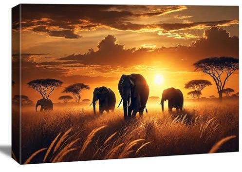 Visario Elefanten Bild 120x80 cm – Afrikanische Savanne bei Sonnenuntergang | Hochwertiger 3D-Kunstdruck auf Leinwand | Safari Wandbild für Wohnzimmer & Büro – Art.-Nr. 5050