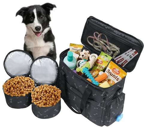 MYDAYS Hunde-Reisetasche, Haustiergepäck-Koffer, Wochenend-Tragetasche mit faltbarem Napf (Schwarz1)