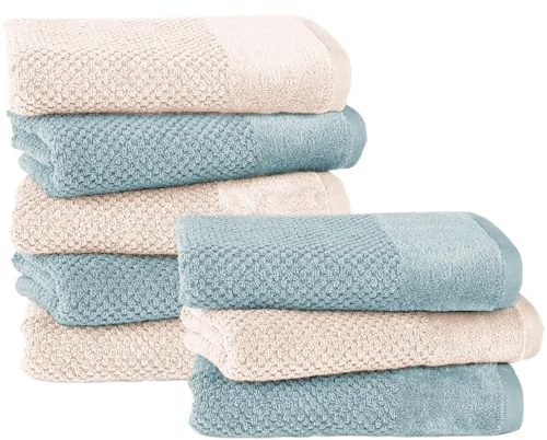 Pure Label Handtücher 8-TLG 8x50x100, Creme | Türkis | weich, saugstark, 100% Baumwolle & OEKO-TEX, mit Schlaufe