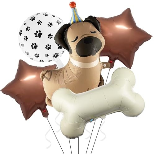 KOBOKO Luftballon Hunde Geburtstag Deko, 5 Stück Folienballon Hundegeburtstag, Knochen Helium Ballons Hund Geburtstag, Hundegeburtstag Deko Tier Luftballons, Stern Ballon Tiere Birthday Dog Party Deko