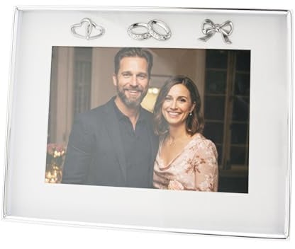 Happy Homewares Modern 5x7 Picture Frame in Silver Plating with Rings and Hearts Icons with Clear Diamante Crystals | Wedding Engagement or Anniversary