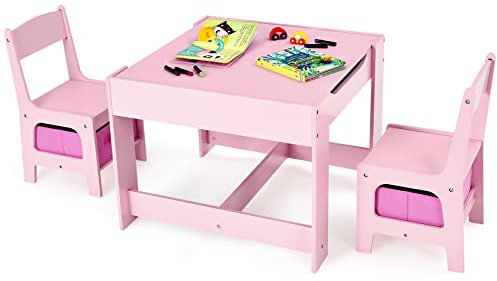 COSTWAY Kids Table Chair Set, Double Side Tabletop Table and 2Pcs Chairs with Storage Box, Activity Desk Nursery Wooden Multifunction Furniture (Pink)
