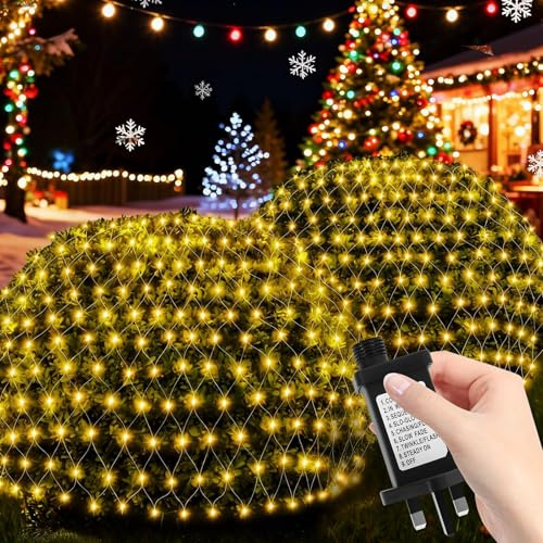Focxoio Net Lights Outdoor Indoor, 208 LED 2m x 2m Mesh Fairy Lights Plug in, Waterproof String Lights with 8 Light Modes & Timer for Diwali Xmas Tree Window Balcony Bushes Garden Decoration