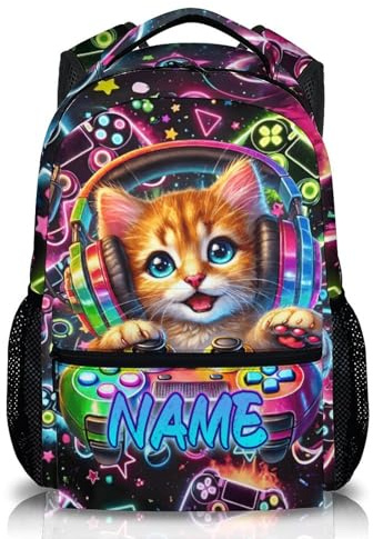 GiftRomance Personalisierter Kinder Rucksack für Jungen – Gamer-Katzen Motiv – 17 Schulrucksack mit Namen für Grundschule, Freizeit & Reisen