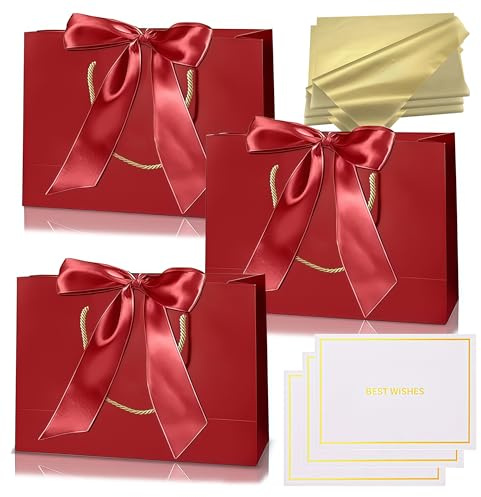 Geschenktüten,3 Stück Wein Rot Papier Geschenktüten mit Griffen,mit 3 Schleifenbändern 3 Grußkarten 6 Seidenpapier,Verpackung Geschenke für Geburtstag,Hochzeit,Festivalfeier,Weihnachten,Party