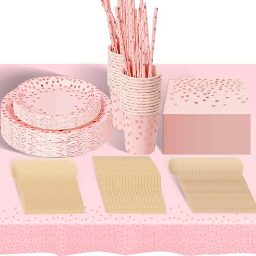 hailstones Rosa Oro Rosa Stoviglie per Feste 226 Pezzi Stoviglie Carta Set Include Piatti di Carta Tovaglioli Tazze Tovaglia, per Nuziale Doccia, Fidanzamento, Matrimonio, Compleanno (25 Ospiti)