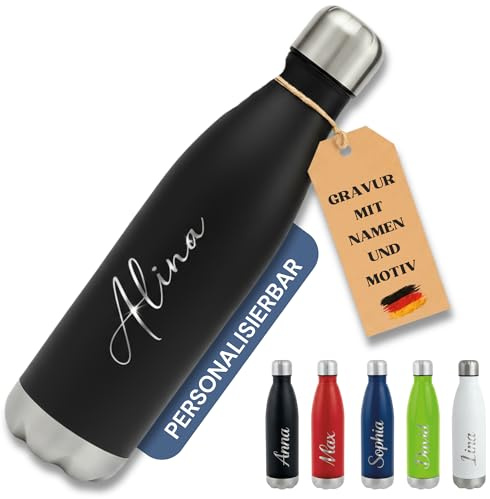 SMARTEON Trinkflasche personalisiert mit Namen – Edelstahl Isolierflasche mit Gravur – Personalisierte Sportflasche Erwachsene & Kinder – Thermosflasche personalisiert – Flasche mit Namen (Schwarz)
