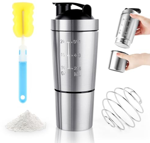 UTOCLEC Shaker de Acero Inoxidable, 600+200ML Protein Shaker con Bola Mezcladora Compartimento para Polvo, Agitador de Proteínas sin BPA y a Prueba de Fugas, para Batidos de Proteínas, Dieta y Fitness