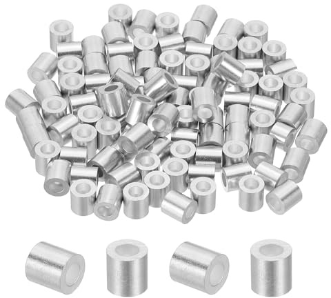 PATIKIL 1/8(3,3mm) Aluminium Drahtseil-Stopfhülsen Set 100 STK Silber | Crimp-Schlaufenhülse Einloch Runde Kabelendhülse Für Drahtseil Kabelleitung