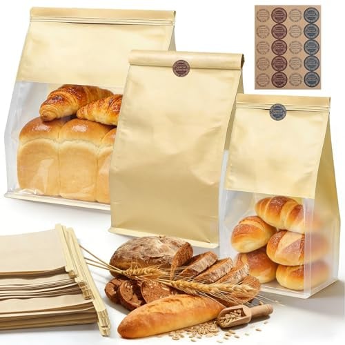 Mispudin 46 Piezas Bolsas Panadería Kraft con Ventana, 3 Tamaños 22x11x29, 16x13x27, 13x10x29cm, Bolsas Papel para Pan Casero con Lengüeta de Cierre, Pegatina, para Tostadas, Galletas, Aperitivos