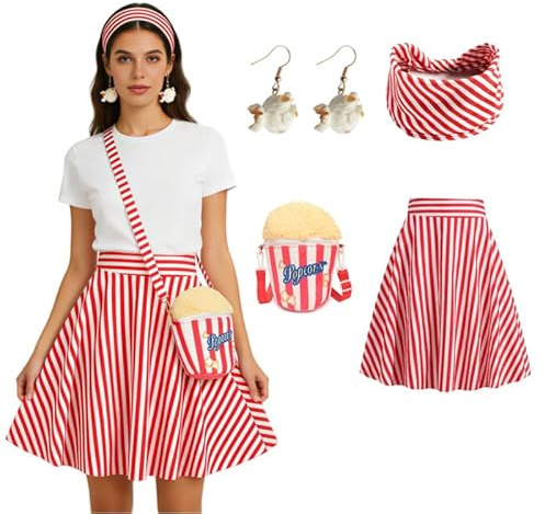 Generisch Popcorn Kostüm Damen 3PC Set mit Rot-Weiß Gestreiftem Faltenrock, Popcorn Haarreif Ohrringe, 1950er Jahre Retro Karneval Outfit für Zirkus-Party Cosplay-Events
