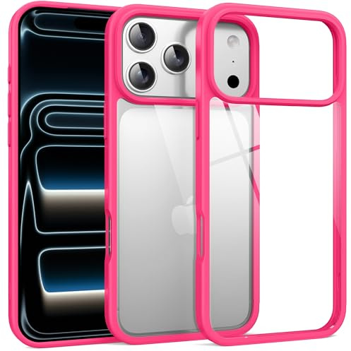 Supdeal Custodia Trasparente Antiurto per iPhone 17 Pro, [Non ingiallisce] [Protezione Militare da Caduta da 10FT] Posteriore Rigida Cover Case Quattro Airbag Angolari, 6,3, Rosa Acceso