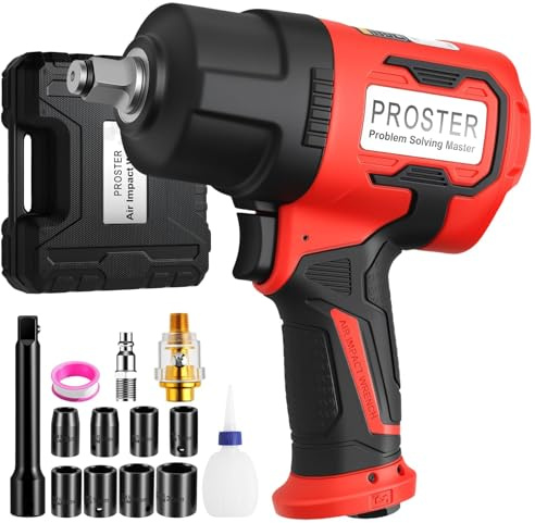 Proster Clé à Chocs Pneumatique 1/2 Pouce, 2170 Nm Couple Élevé, Double Marteau 8500 tr/min, Outil à Air Comprimé pour Réparation Automobile Garage Mécanicien avec 8 Douilles CR-V, Rallonge et Coffret