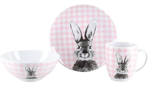 CreaTable, 25217, Serie Happy Bunny Rosa, 3-teiliges Oster-Geschirrset aus Porzellan, spülmaschinen- und mikrowellengeeignet, Made in Europe