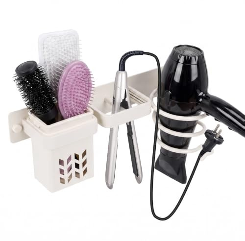 YUET Hair Dryer Holder, Hairdryer Station Accessories Wall Mounted, Straightener Holder, Bathroom Hair Styling Care Tool Organizer, Multi-Functional Space Storage Bracket with Plug Hook & Cups White