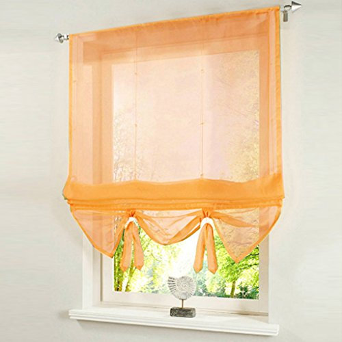 HongYa Uni Raffrollo Tunnelzug Raffgardine Transparenter Voile Bändchenrollo Küche Gardine H/B 155/140 cm Orange