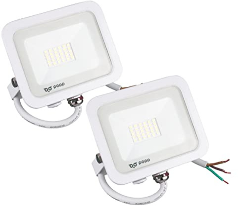 Popp® Lot de 2 projecteurs LED d'extérieur blancs 20 W Lumière blanche 6000 K 85 LM/W Imperméable IP65 Résistant à l'eau Spot LED pour extérieur cours, jardins, terrasses, champs (20 W, 6000 K 2