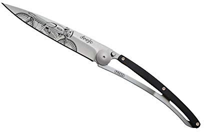 deejo - Ultraleichtes, klappbares Taschenmesser mit Gürtelclip - Ausführung 37g mit Ebenholz - Schlanke und scharfe Klinge - Café Racer Muster Motiv auf der Klinge - Edelstahl - Elegantes Design