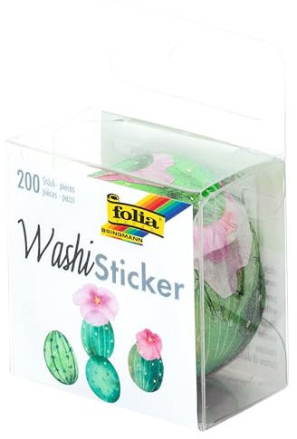 folia 26504 - Washi Sticker, Kakteen, vorgestanzte Formen aus Reispapier, 200 Stück auf Rolle - ideal zum Verzieren und Dekorieren
