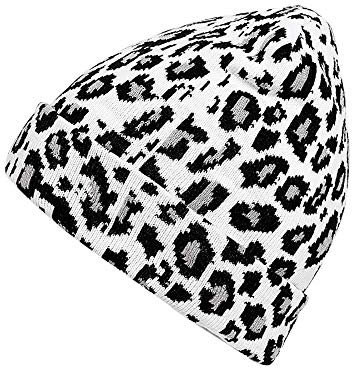 INLLADDY Mütze Damen Baumwolle Mützen Herren Winter Beanie Leopardenmuster Strickmütze Dünn One-Size Hip-Hop Wintermütze Weiß Einheitsgröße