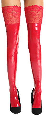 7Heaven Rote wetlook Lack Strümpfe mit Spitze Damen Stockings selbsttragend dehnbar L/XL