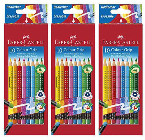 Faber-Castell 10er Etui Buntstifte Colour Grip radierbar, 3 Packungen