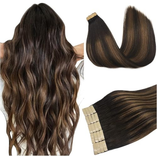 DOORES Haare Extension Bondings Haare Extension, Balayage Dunkel Braun to Chestnut Braun 40cm (16zoll) 50g 20pcs, Skin Weft Tape Extensions Remy Hair Tape