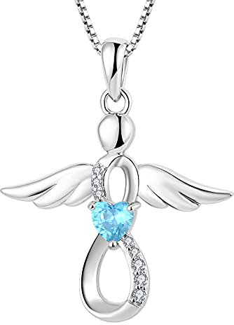 FJ Damen Schutzengel Halskette Anhänger 925 Sterling Silber Infinity Unendlichkeit Kette Aquamarin März Geburtsstein Halskette Engel Schmuck Geschenke für Frauen Mädchen