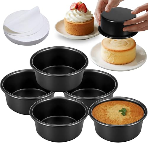 4 Inch Cake Pan Set of 5, Nonstick Cheesecake Round Cake Pans with 100 Pieces Parchment Paper, Mini Cake Tins for Baking, Non-Toxic & Leakproof Circle Cake Pan, Aluminum Material Food Grade Coating