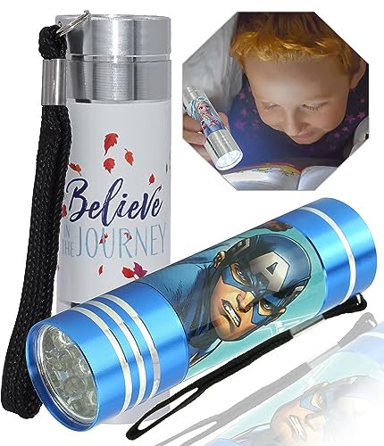 Lot de 2 Torches de Poche en Aluminium 9 LED Personnages TV Avengers Bleu et La Reine des Neiges Argent Lampe de Poche Idéal pour Camping Garage Meilleur pour Enfants Unisexe 3+ ans