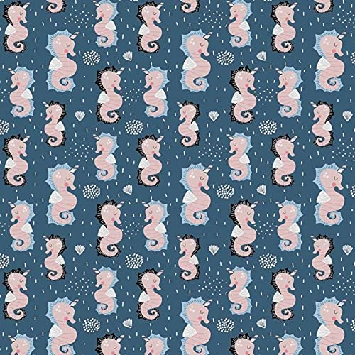 7,98€/m Fisch Wal Hai 100% Baumwolle 50x160cm Baumwollstoff Meterware Handwerken Nähen Stoff (Seepferdchen Blau)