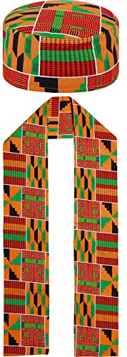 Jiuguva African Kente Pattern Kufi Hat and Print Stole Sash for Black History Men Women Kids