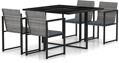 vidaXL Essgruppe für den Außenbereich, 5-teilig, mit Kissen, Terrasse, Garten, Terrasse, Esstisch, Stuhl, Sitzgelegenheit, Poly-Rattan, Grau