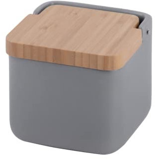 Kook Time salero de cocina con tapa de madera de bambú basculante. - Salero gris mate de cocina moderno con base de cerámica mate para usar como salero y azucarero o especieros, 11.2 x 11.2 x 11.2 cm.