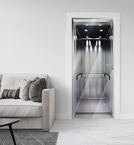 MyMaxxi - Tür bekleben mit Türtapete Türposter Selbstklebend 90x200 Neuer Aufzug - Türfolie mit Premium Glanzeffekt - Türaufkleber metallic Silberfolie - Türklebefolie Neuzeit Fahrstuhl grau