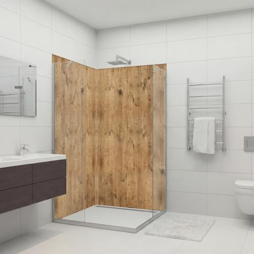 dedeco Eck-Duschrückwand wasserfest Motiv: Holz V5, 2 x 80x200 cm, als Badrückwand zum Fliesenersatz, als Dekorwand, Wandverkleidung und Duschplatte aus Aluminium - Made in Germany