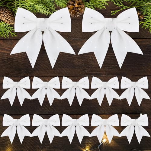 12 Pz Fiocchi Natalizi Glitterati Fiocchi Decorativi Nastro Fiocchetti Paillettes Decorazioni Natalizie Albero di Natale Ghirlanda Scatole Regalo Bomboniere Matrimonio Capodanno Fai da Te (Bianco)