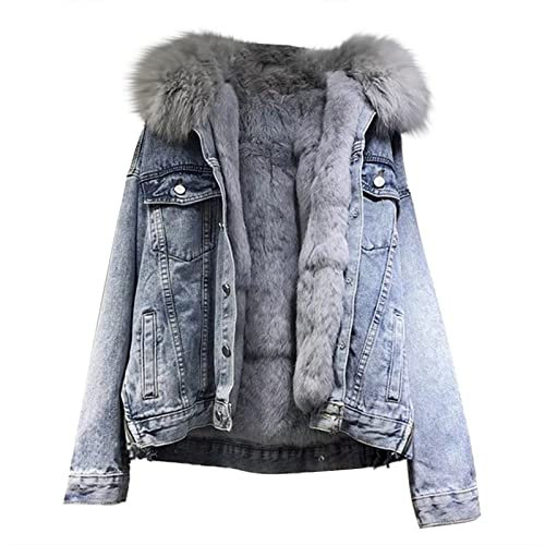 DeaAmyGline Jeansjacke Damen mit Fellkapuze Fleece Gefüttert Dicke Warme Jeansmantel Kurze Jeans Jacke Mantel Winterjacke Wintermantel übergangsjacke
