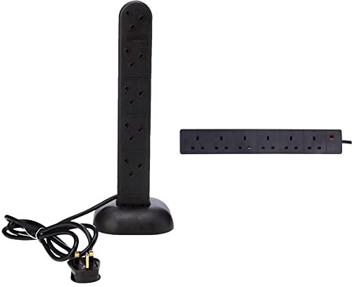 PRO ELEC EXTENSION TOWER 10-GANG + NEON, BLACK 6 Gang Extension Lead with 2m Cable - Black