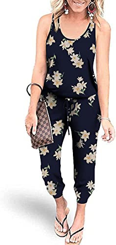 PCEAIIH Women's One Piece Jumpsuit Casual Loose Sleeveless Tank Overalls Elastic Waist Stretchy Romper with Pockets XXL Navy Lily