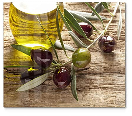 DEQORI Placa protectora de cristal de una pieza, 60 x 52 cm, diseño de rama de olivo y aceite, placa de vitrocerámica para cocina, cubierta universal de cristal y tabla de cortar para placas de