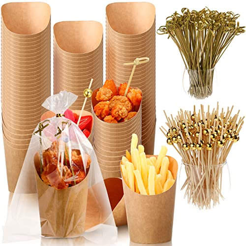 Charcuterie Becher Einweg-Cocktailspieße Kunststoff Goodie Bags Set 12oz Brown French Fry Cups Kraft Appetizer Cups Typen Lebensmittel Picks und Opp Taschen für Partyzubehör (600 Stück)